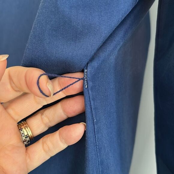 Vtg 70s Blue with White Stitching Long Tunic Polyester/Cotton Long Sleeve Shirt - Picture 8 of 9